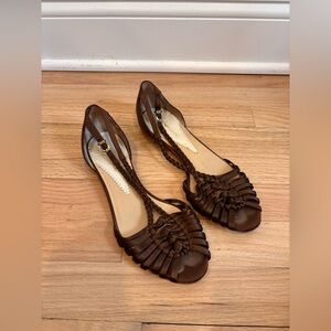 Emporio Armani woven brown satin sandals with braided T-strap design size 38